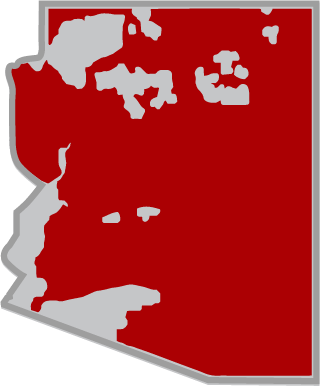 A cutout map of Arizona, USA with most of the state highlighted in red, to indiciate that it is a territory that NDIA Southwest operates in.